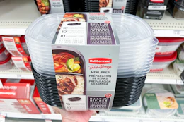 hand holding a rubbermaid meal prep set in front of target shelves