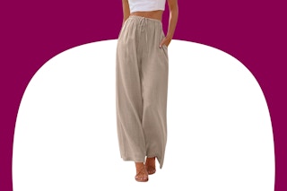 Close up shot of woman wearing a pair of khaki palazzo pants