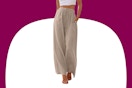 Close up shot of woman wearing a pair of khaki palazzo pants
