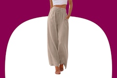 Close up shot of woman wearing a pair of khaki palazzo pants