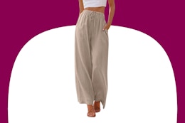 Close up shot of woman wearing a pair of khaki palazzo pants
