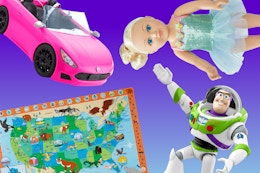 Barbie convertible, Melissa & Doug puzzle, Buzz Lightyear action figure, and 18-inch doll
