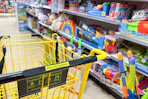 cart in front of toy aisle at dollar general