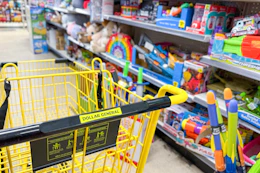 cart in front of toy aisle at dollar general