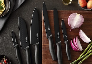 black knife set on a brown cutting board