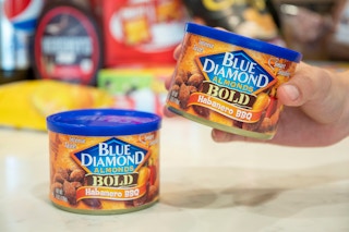 Pantry grocery blue diamond almonds near an Amazon pantry box.