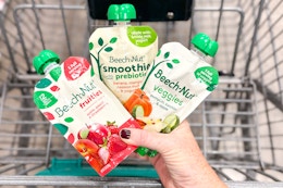 hand holding beech-nut baby food pouches over shopping cart