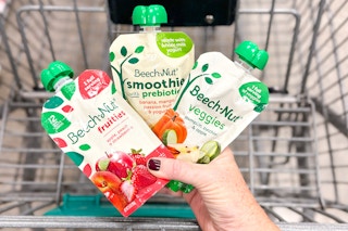 hand holding beech-nut baby food pouches over shopping cart