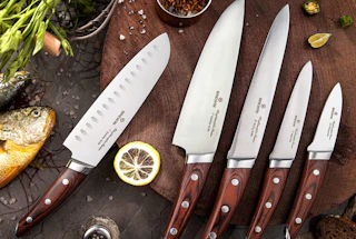 Japanese chef knives on a cutting board