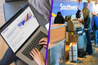 two images of a woman standing at a southwest counter and southwest website on a laptop