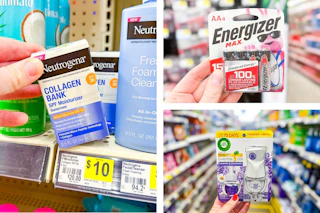 dollar general neutrogena, energizer, air wick 3-photo collage