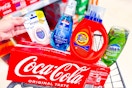coca-cola, febreze, crest, tide, and dawn products in a cart