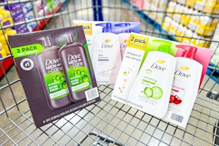 multipacks of dove body wash in a cart