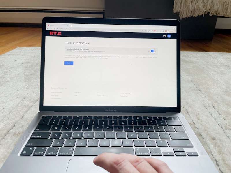 laptop showing the test participation opt-in screen for Netflix with test participation toggle turned on