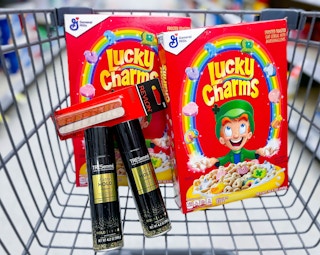 lucky charms cereal, tresemme hair spray, and revlon emery boards in cart
