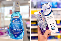 collage image of crest mouthwash and toothpaste