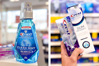 collage image of crest mouthwash and toothpaste