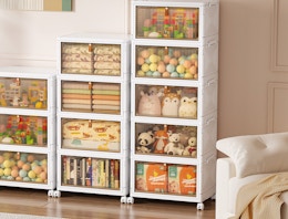 storage bins full of items in a room