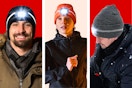 3 lifestyle images of people wearing the LED beanie in 3 different colors: black, orange and gray