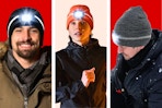 3 lifestyle images of people wearing the LED beanie in 3 different colors: black, orange and gray