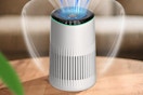 B0FFHKQBT3 Air Purifier on a wood table with a brown couch behind and a plant leaf in front, plus lines representing clean air