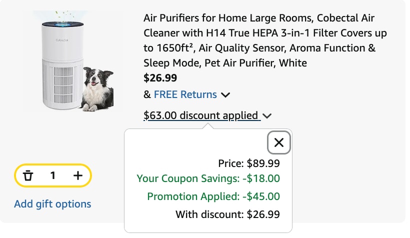 air purifier Amazon receipt