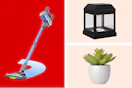 stick vacuum, black outdoor lighting, artificial plant