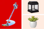 stick vacuum, black outdoor lighting, artificial plant
