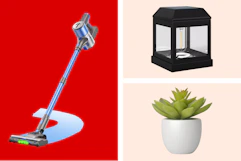 stick vacuum, black outdoor lighting, artificial plant