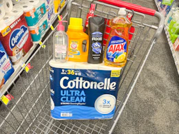 cottonelle toilet paper, ajax dish soap, axe body wash, arm & hammer detergent, and garnier micellar face wash in a cart