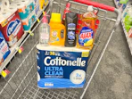 cottonelle toilet paper, ajax dish soap, axe body wash, arm & hammer detergent, and garnier micellar face wash in a cart