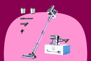 A purple and silver cordless stick vacuum cleaner plus three attachments, two filters, and an example of the shortened vac with attachment.