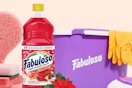 Fabuloso Holiday Multi-Purpose Cleaner with sponges and a purple mop bucket in the background
