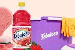 Fabuloso Holiday Multi-Purpose Cleaner with sponges and a purple mop bucket in the background