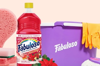Fabuloso Holiday Multi-Purpose Cleaner with sponges and a purple mop bucket in the background