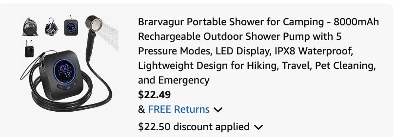 camping shower Amazon receipt