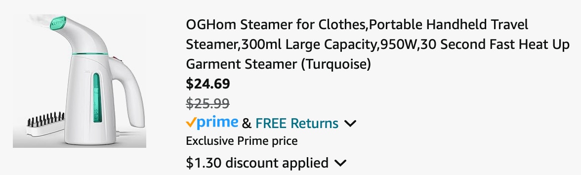 Clothing steamer Amazon receipt