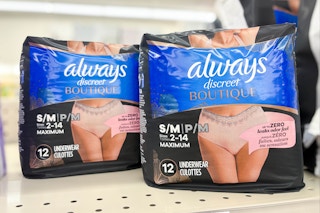 2 packs of always discreet boutique underwear on a shelf