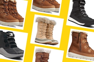 A collage of black, tan and brown Sorel winter boots