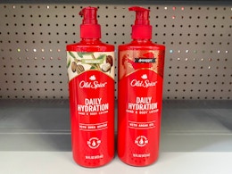 Bottles of Old Spice Daily Hydration hand & body lotion on a Walmart shelf