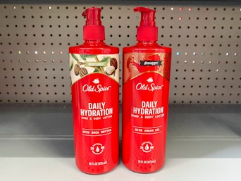 Bottles of Old Spice Daily Hydration hand & body lotion on a Walmart shelf