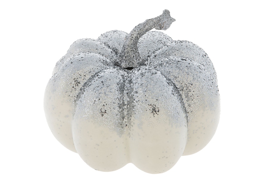 white pumpkin decorated with silver glitter