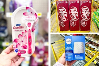 dollar general schick, dr pepper, febreze 3-photo collage