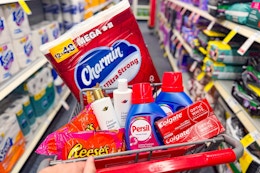 charmin toilet paper, colgate toothpaste, persil detergent, dove shampoo, and reeses candy in a cart