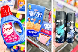 collage image of persil detergent, rice krispies treats, pop tarts, and axe body spray