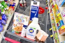 ibotta spray floor mop, cinnamon toast crunch cereal, nivea shave gel, all detergent, and fomin deodorant wipes in a cart