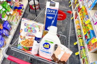 ibotta spray floor mop, cinnamon toast crunch cereal, nivea shave gel, all detergent, and fomin deodorant wipes in a cart