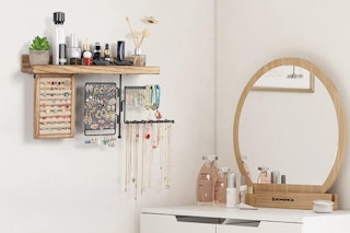 Hanging Jewelry Organizer next to a vanity