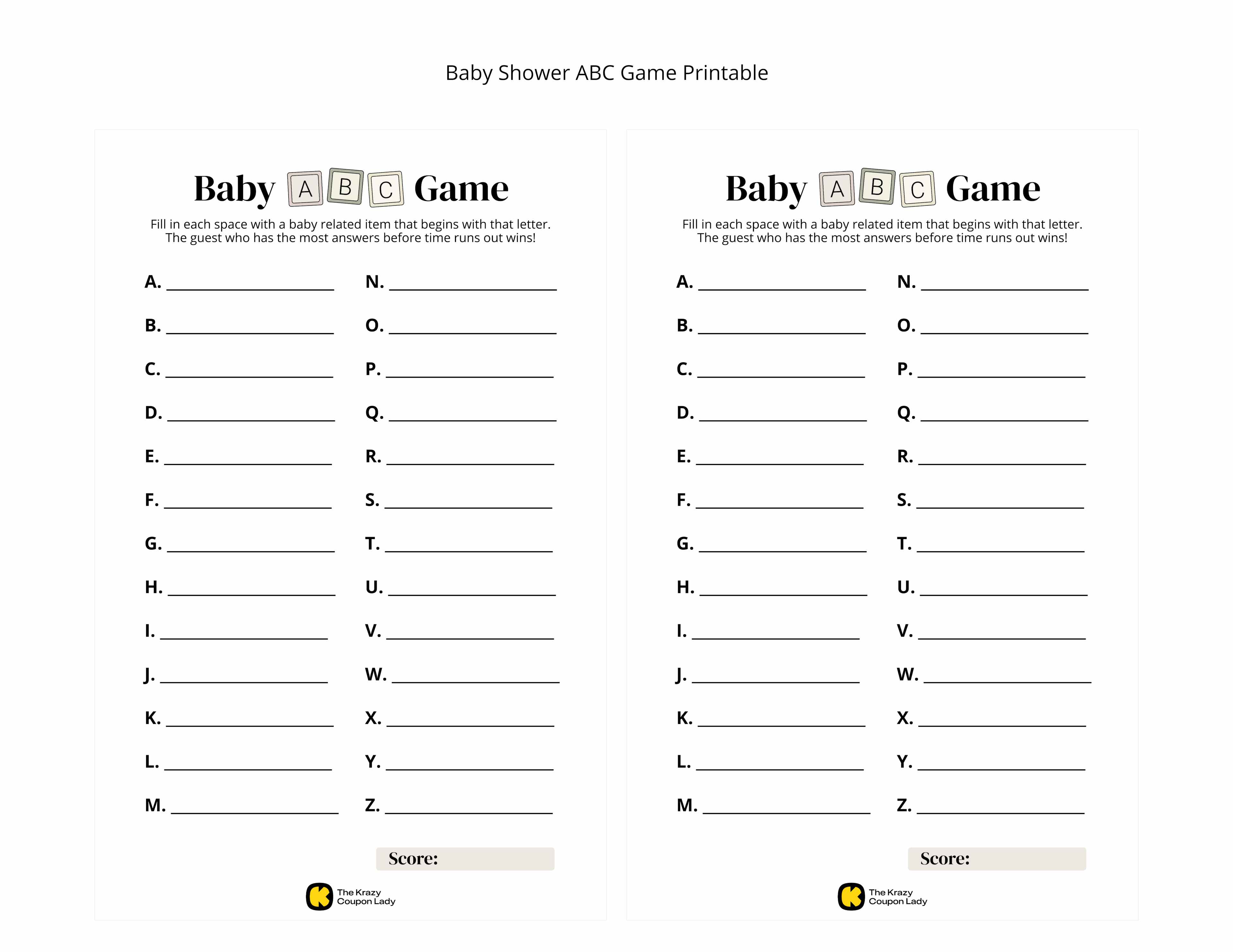 Baby Shower ABC Game printable