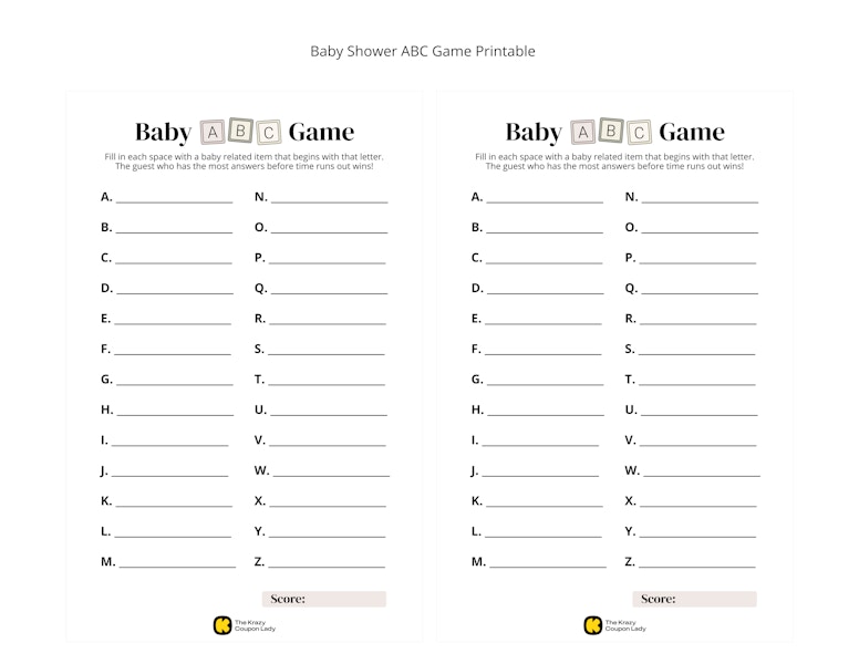 Baby Shower ABC Game printable